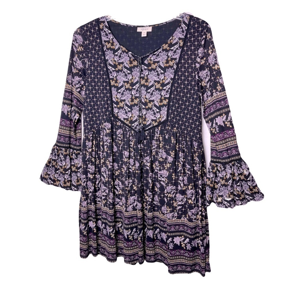 Style & Co | Black Purple Boho Bell Sleeve Babydoll Peasant Dress, Medium